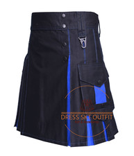 Handmade Scottish Traditional Black  Blue Cotton Utility Hybrid Kilt For Men's
