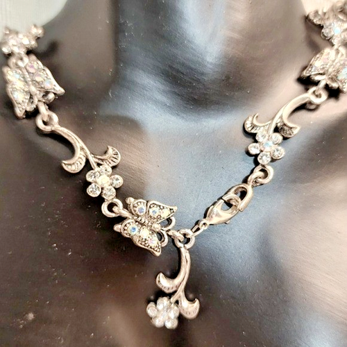 Collana floreale strass tono argento vintage anni 70 pezzo dichiarazione romantica
