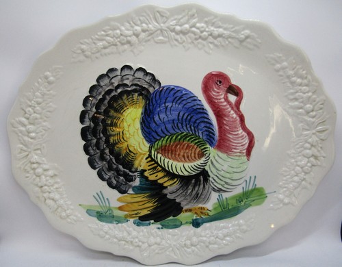 Vintage White Ceramic Hand-Painted Turkey Platter/Wall Hanging Made in Italy