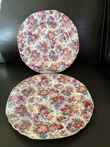 Two's Company Set Of 2 Square Round Plates Chintz Flower Rose Violet Pink Blue