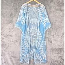 Womens Kimono Large Blue Embroidered Floral Duster Sheer Boho Festival Hippie