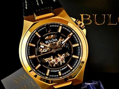 NEW Bulova Men's Maquina Automatic Black Leather Strap Black and Gold Dial Watch
