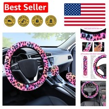 Fluffy Leopard Print Steering Wheel Cover Set - Stylish Warm For Winter Drives