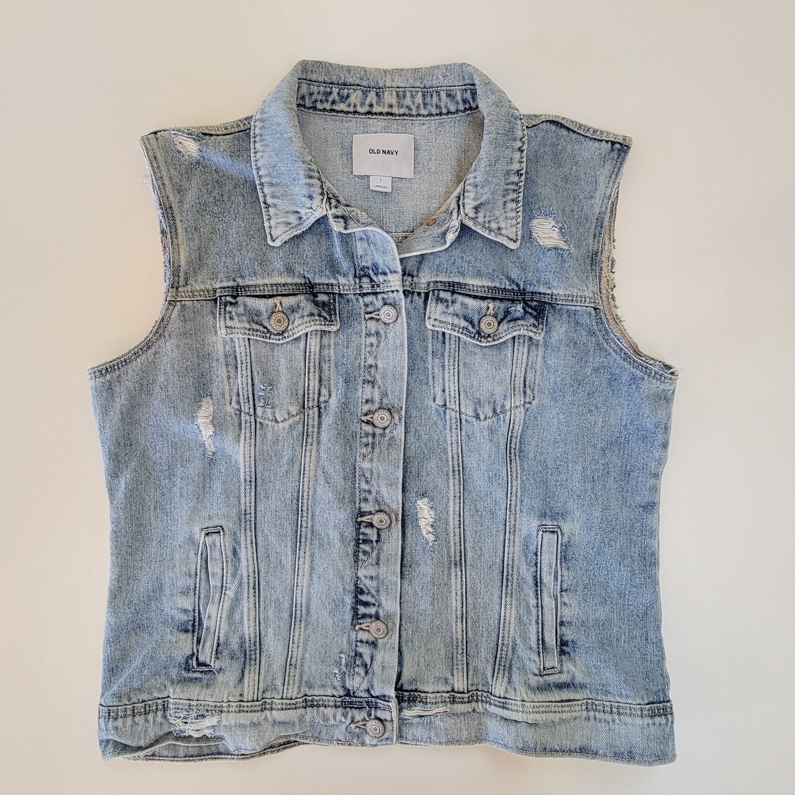 Old Navy Denim Vest Light Wash Distress Sleeveless Jacket Trendy Layering