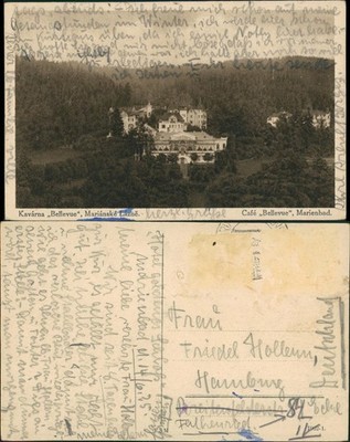 Postcard Mariánské Lázně café ''Bellevue'' Kavárna 1924