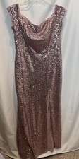 B Darlin Rose Gold Sequin Gown Dress Formal High Slit Evening Off-Shoulder 16W