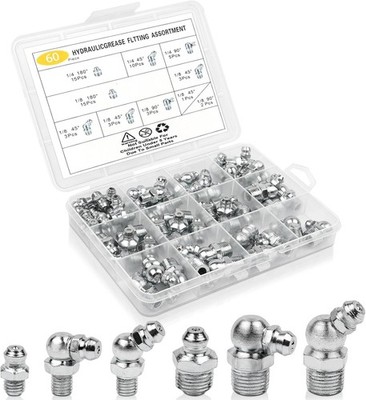 60Pcs Grease Fittings Kit, 1/4 & 1/8 Inch BSP Grease Zerk Fittings Assortment wi