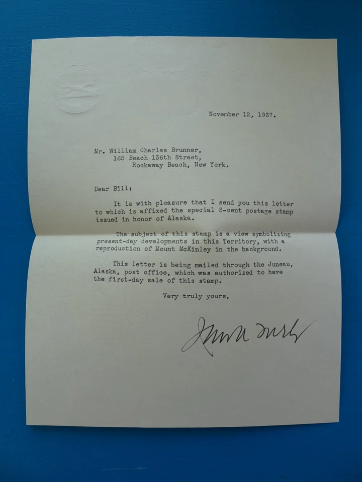 Farley FDC 800 Mt McKinley Alaska 1937 SIGNED Official Postmaster Stationery - Image 4 of 4