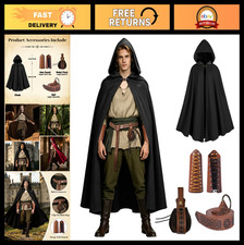 Medieval Hooded Cloak Cape Unisex Viking Costume with Belt, Waist Bag Wrist Gu