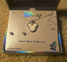Disney Mickey Mouse Never Stop Dreaming Silver Plated Earring Necklace Set New