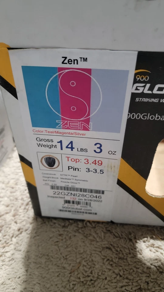 900 Global Zen Bowling Ball 1ª Calidad | 14 Libras | Pin 3-3.5" | 3.49oz TW Foto 2 de 4