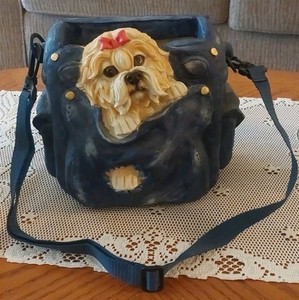 Shih Tzu Dog In The Purse Planter Decor With Hanging Strap  8.5"x9"