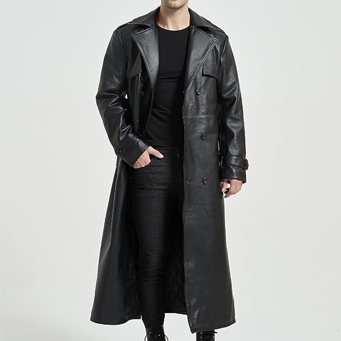 Handmade Men’s Long Black Faux Leather Trench Coat – Gothic Full-Length Overcoat