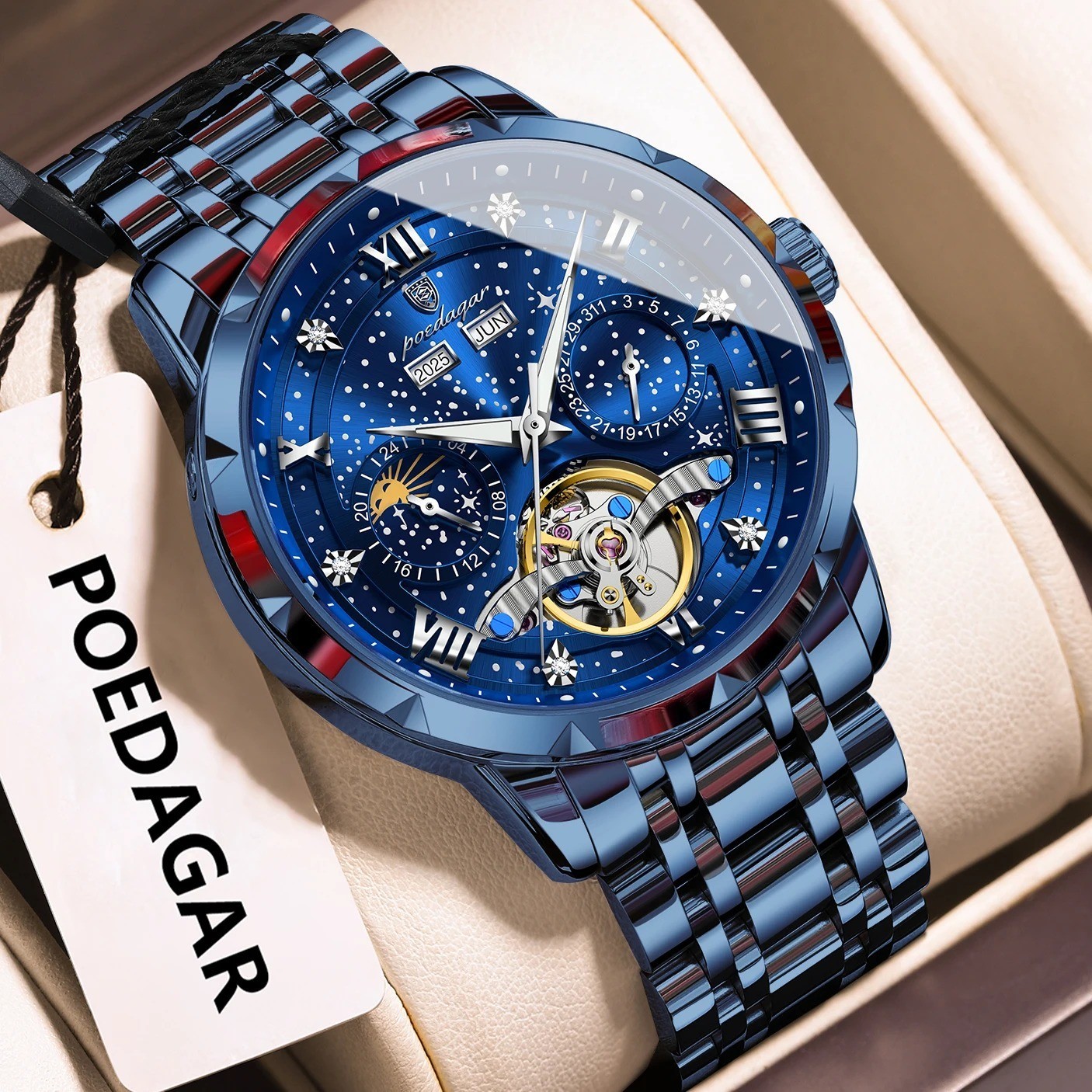 Montre squelette automatique homme au design tourbillon creux et finitions argentées