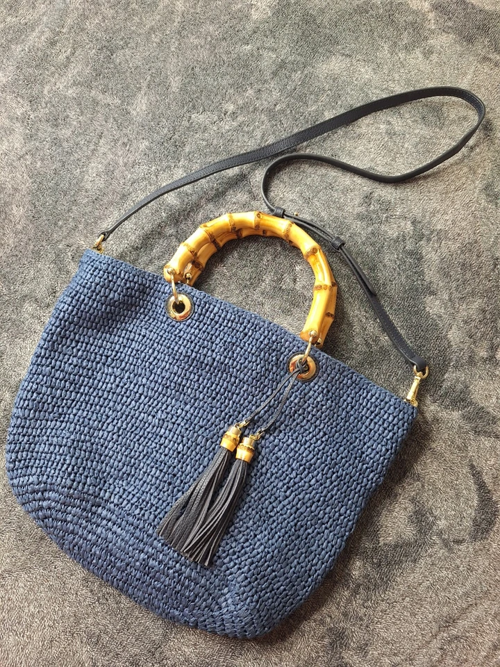 Bolsa de palha Talbots alça de bambu azul marinho tiracolo balde costeiro praia - Imagem 2 de 4