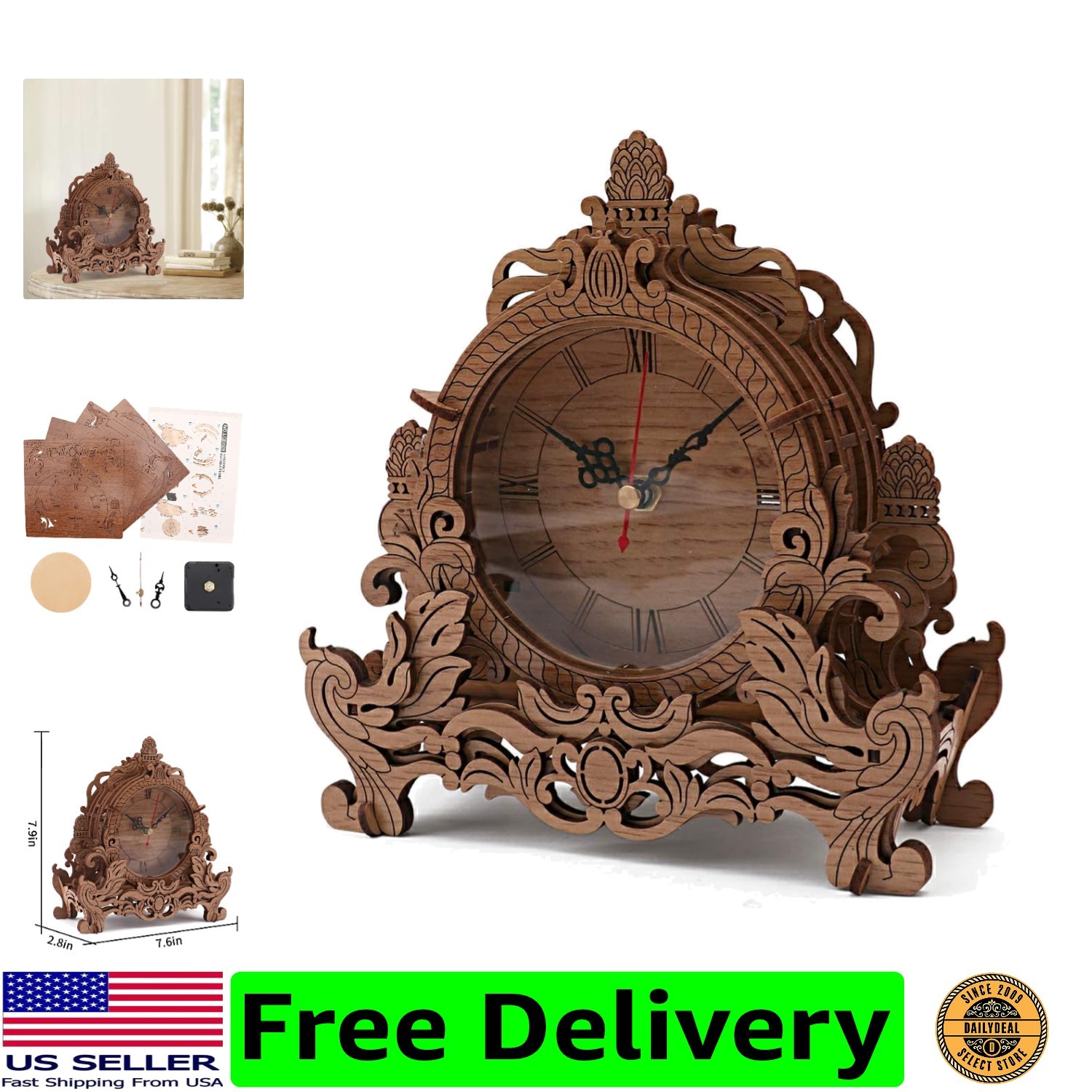 For Adults, Diy Desk Clock, Dark Wooden 3d P...