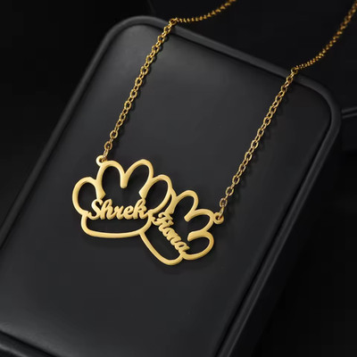 Custom Double Name Paw Necklace Pendant Gift Jewelry Stainless Steel Link Chain