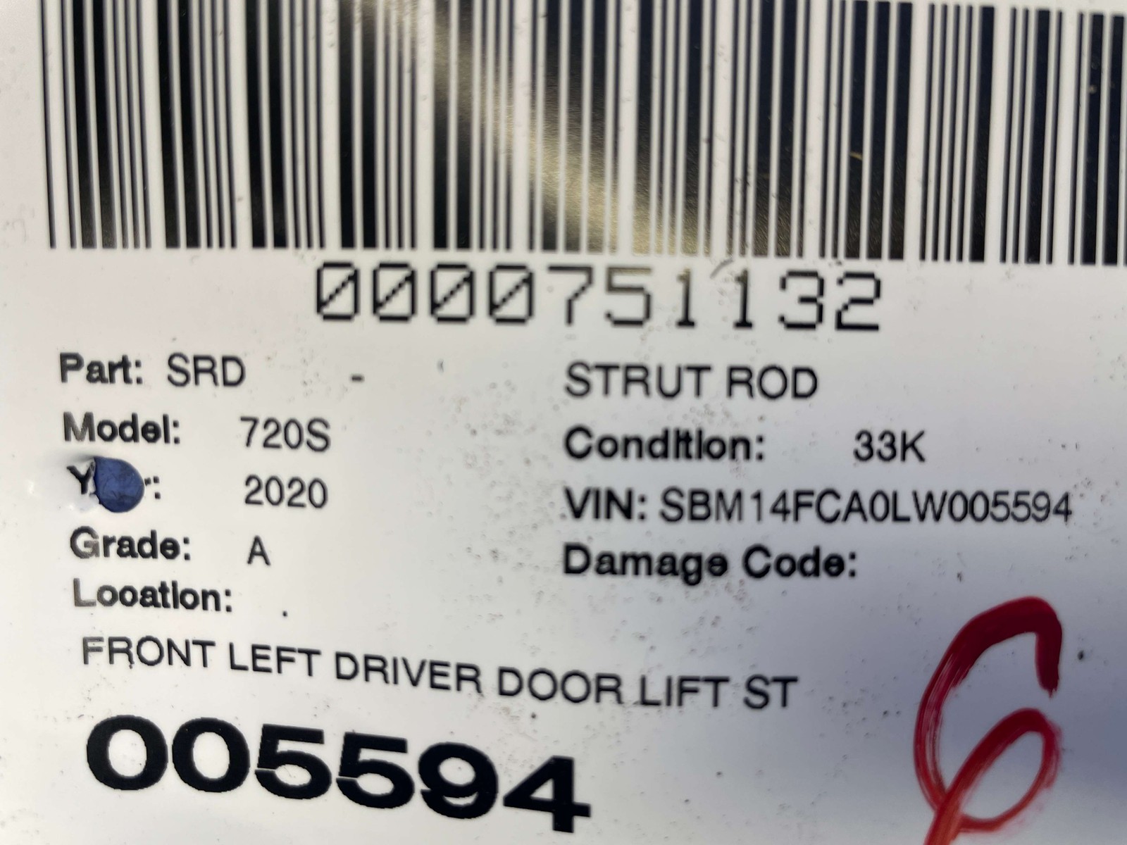 2018-2023 MCLAREN 720S OEM FRONT LEFT DOOR LIFT STRUT SHOCK CYLINDER 14AB681SP