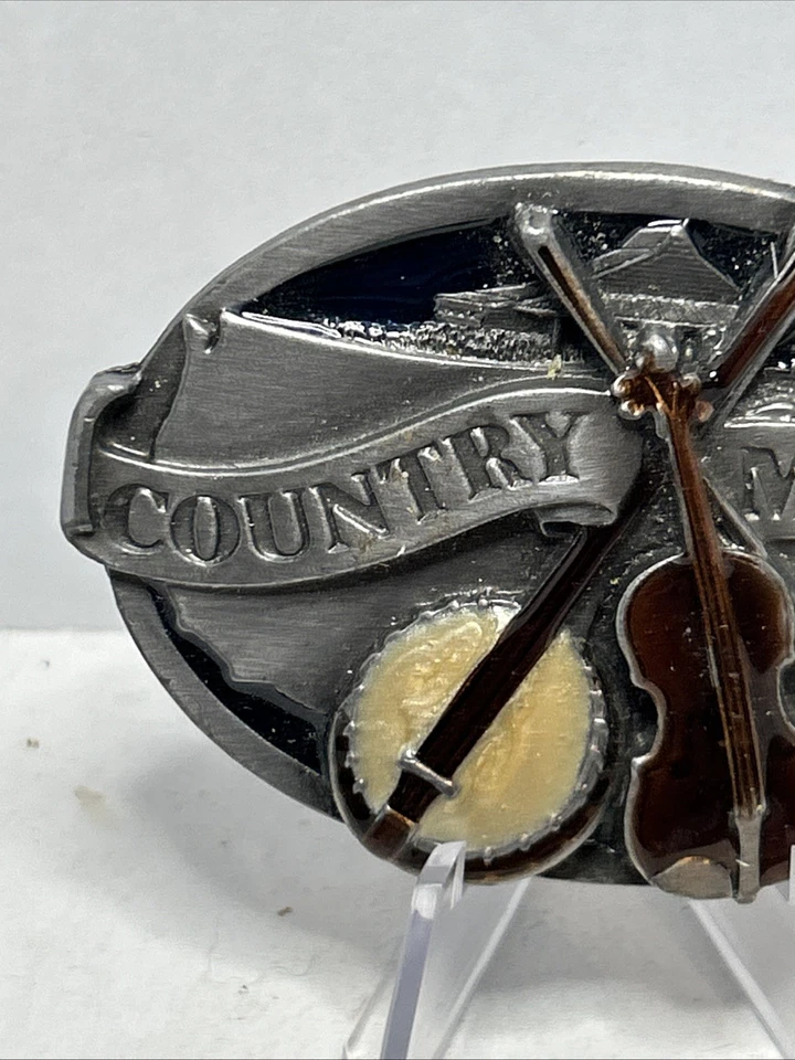 E-29 Country Music Siskiyou Co. Vintage 1984 Hebilla de cinturón con recogedor de violín Banjo Foto 3 de 4