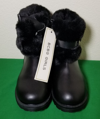BCBG Girls Black Ankle Fur Boots Round Toe Zipper Rhinestones Chunky Size 1 NWT