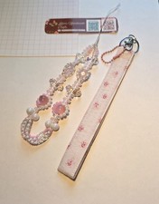 Handmade Keychain Beaded Phone Charm  Upcycled Fabric Wristle Baby Pink Set
