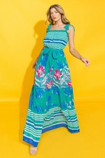 Tropical Teal Floral Maxi Dress with Stripes