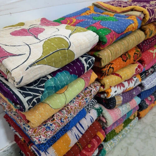 Vintage Kantha Quilt Indische Handarbeit Wohndecke Baumwolle Tagesdecke Stepp... - Bild 3 von 4