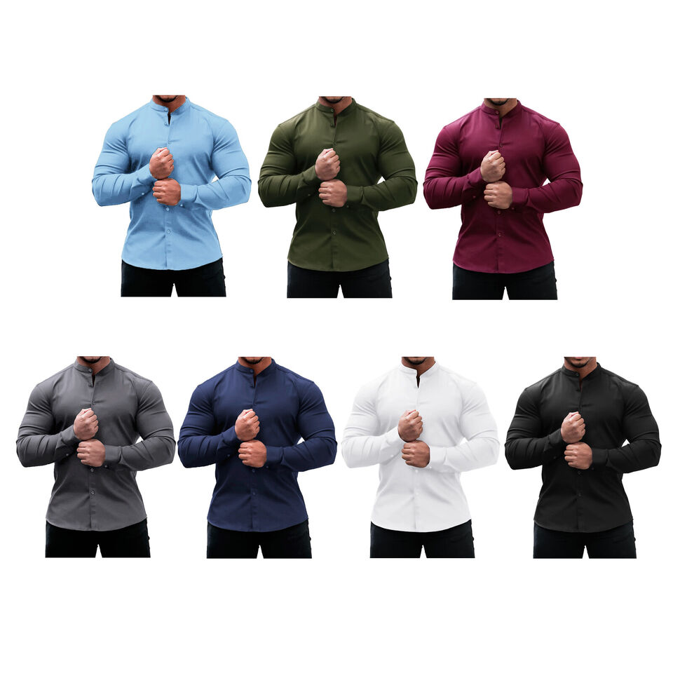 Men's Casual Long Sleeve Dress Shirts Solid Color Stand Collar Button Down Shirt