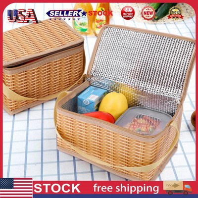 US Portable Wicker Rattan Outdoor Camp Picnic Bag Tableware Food Container Baske