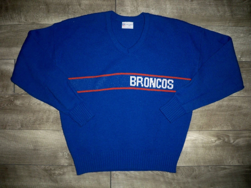Suéter Pullover Azul Fútbol Americano NFL Cliff Engle Denver Broncos LG 80s De Colección Foto 2 de 4