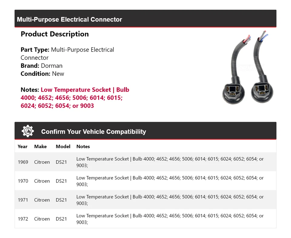 Conector elétrico multiuso 1970 1971 Citroen DS21 Dorman 1969-1972 - Imagem 2 de 4