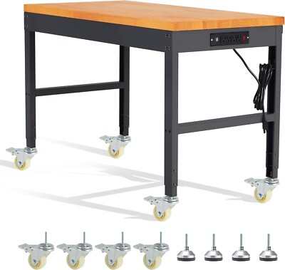 Height Adjustable Workbench with Wheels 48'' x 24'' Power Outlets Black