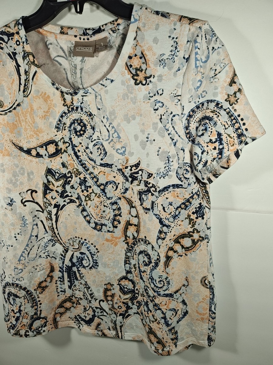 chiko様 Chicos Womens Top Size 1 Blue Peach White Paisley Shirt Short