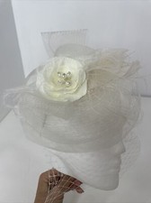 Fascinator Hat Headband Ivory Mesh Netting Flower Pearls Feathers Rhinestones