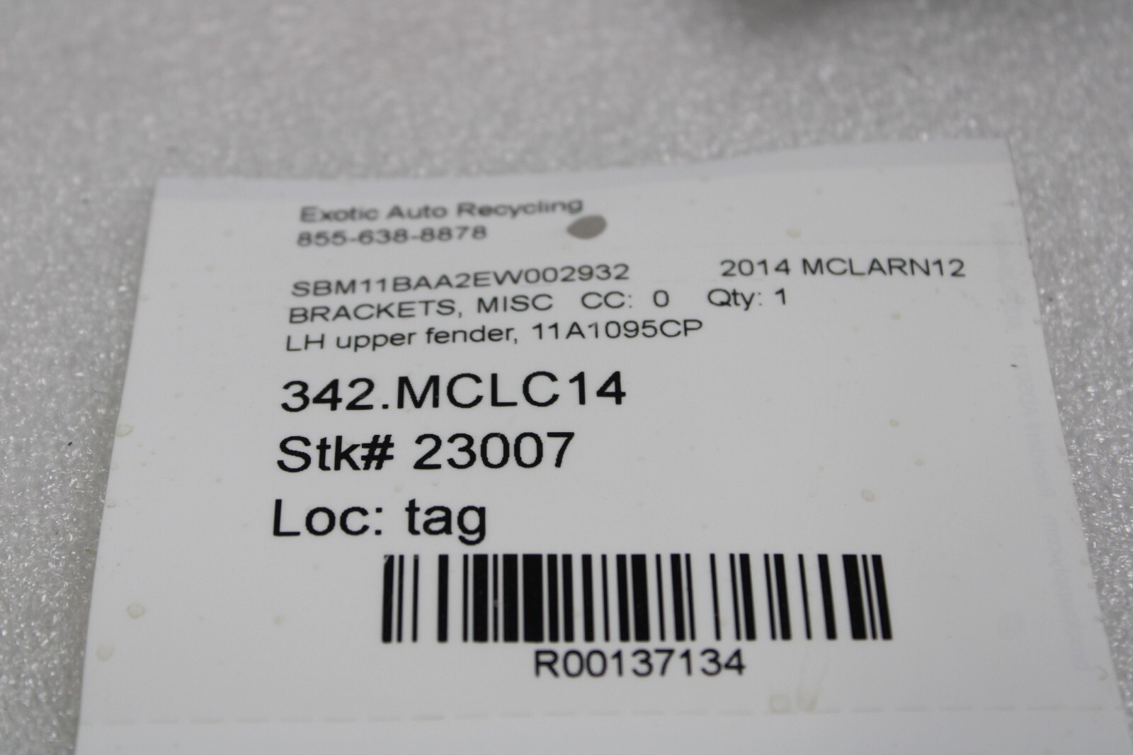 Mclaren MP4-12C, LH, Left, Upper Fender Bracket, Used, P/N 11A1095CP