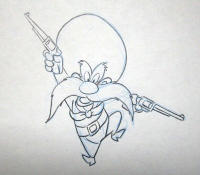 1980's YOSEMITE SAM Warner Brothers ORIGINAL PRODUCTION cel DRAWING hat guns