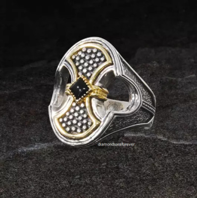 Gladiator Black Onyx Shield Design Ring For Men's In Steling 925 Two Tone Silver