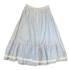 Vtg 80s Blue Cotton Tiered Maxi Skirt Lace Trim Prairie Western Button Front NWT