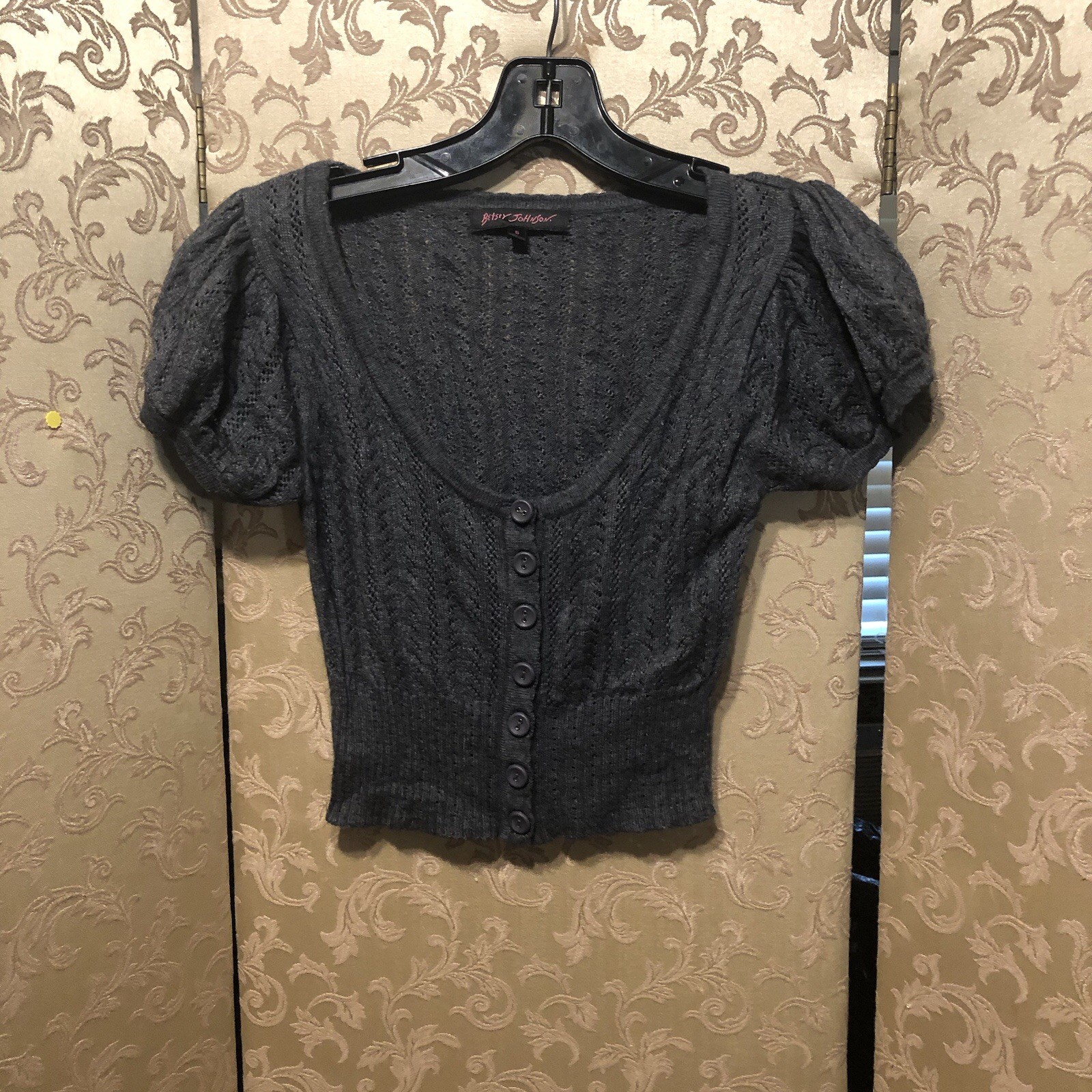 Betsey Johnson Vintage Gray Short Sleeve Cardigan Sweater Size Small S
