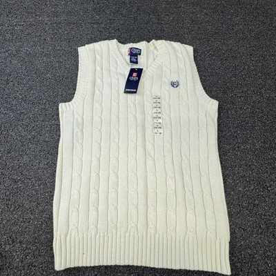 Chaps Sweater Vest Unisex Kids L White Cotton Cable V-Neck Embroidered