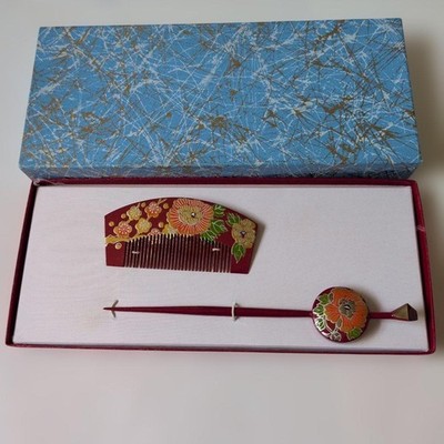 Kanzashi kimono Hairpin Makie comb flat hairpin set vermilion lacquered plum peo