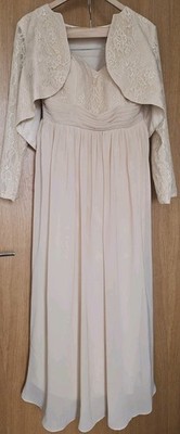 Cremefarbenes Spitzen-Maxikleid Bolero-Set Hochzeit Brautjungfer formell UK 14-16