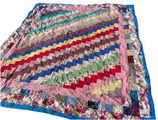 Vintage Handmade Patchwwork Zig Zag Quilt Rail Fence Pattern Bright 100"x92"