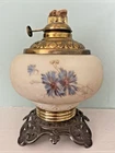 Antique Hand Painted Floral Milk Glass Kerosene Lamp Base BLUE CORNFLOWERS