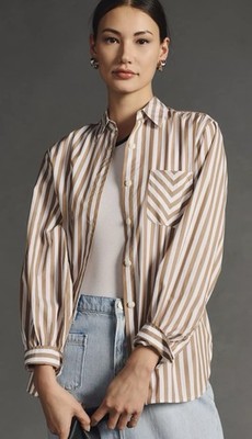 RAG & BONE Womens Large Maxine Button-Down Shirt Striped Brown & White Cotton