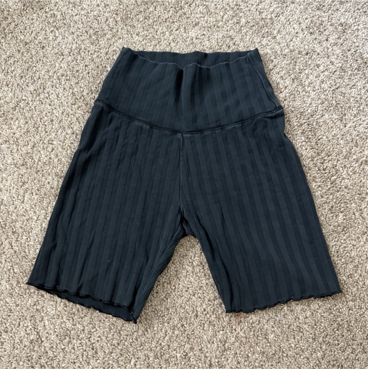 Black Striped Knit Biker Shorts Women's Athletic Stretch Activewear-image
