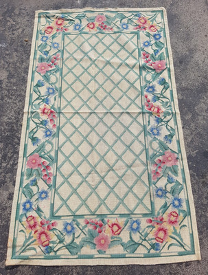 Vintage French Floral Needlepoint Handmade Multicolor Rug Wool Carpet 146x85 cm