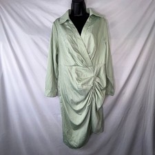 Cider Wrap Dress Womens 0XL Green Vertical Striped Ruched Stretch Split Collared