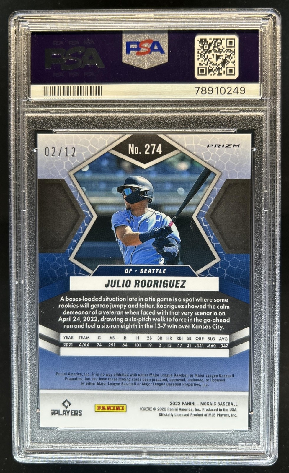 2022 Panini Mosaic Julio Rodriguez Pink Swirl Rookie RC #/12 Mariners PSA 10 view 2