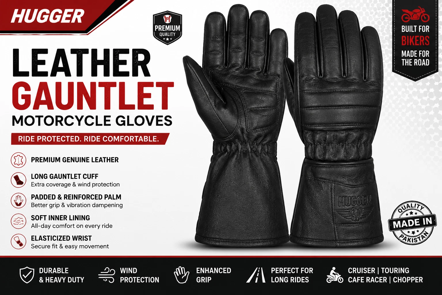 Hugger Mens Black Leather Gauntlet Motorcycle Riding Gloves Padded Palm Large
Opens in a new window